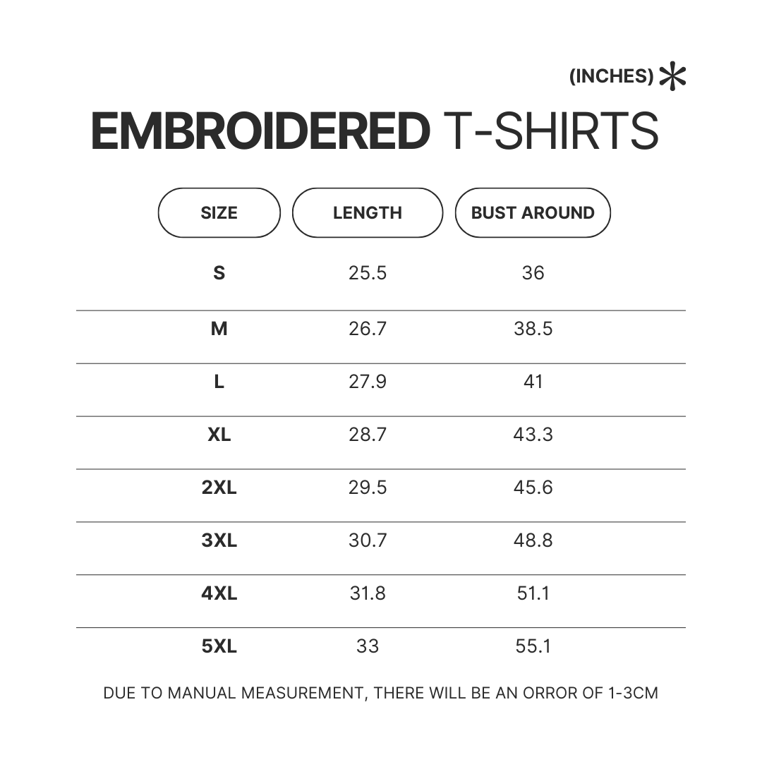 Embroidered T shirt Size Chart - Wildlife World Store