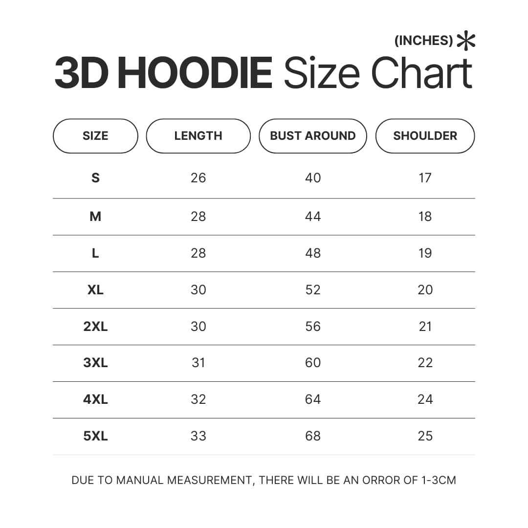 3D Hoodie Size Chart - Wildlife World Store