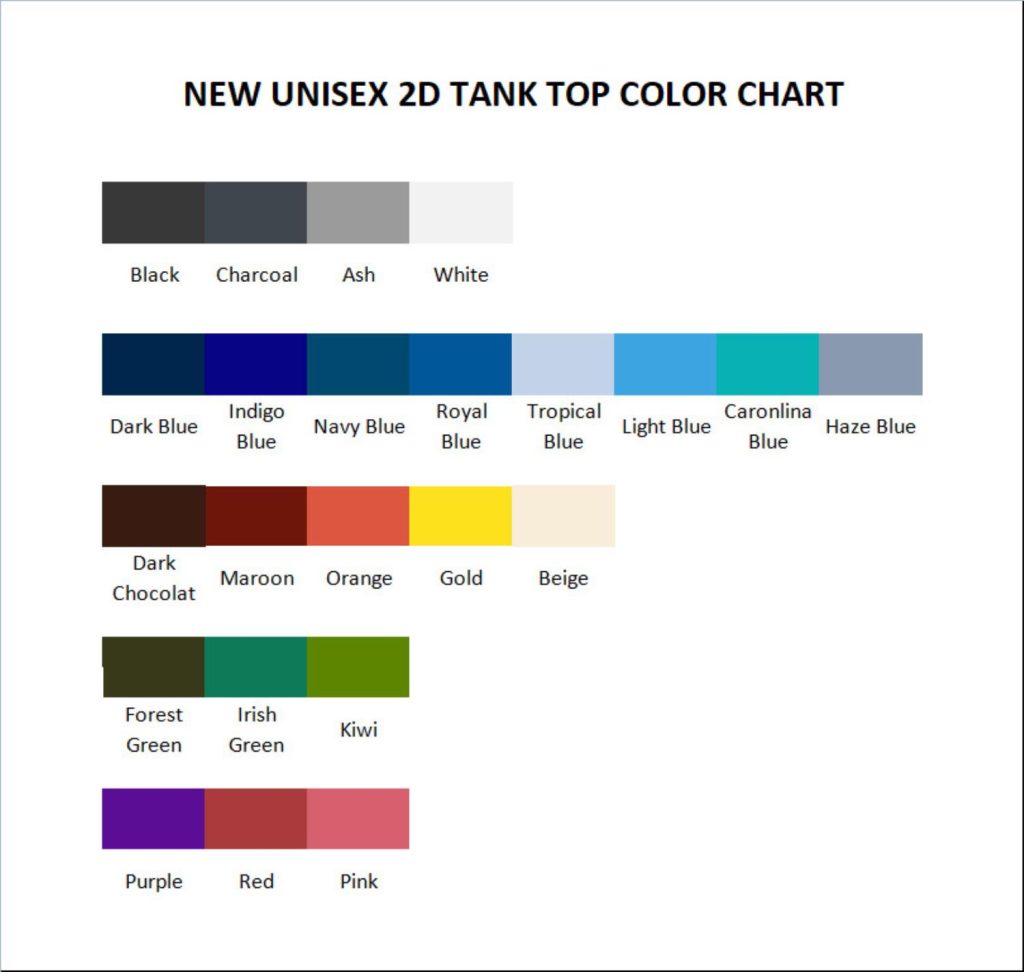 tank top color chart - Wildlife World Store